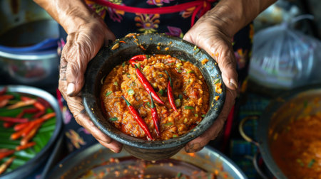 Hands holding a bowl of Thai curry paste made with chili peppers and spices, illustrating the essence of Thai culinary craftsmanship.の素材