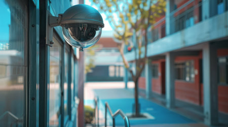A CCTV camera mounted on a school campus, providing added security and monitoring for the safety of students and staff.の素材