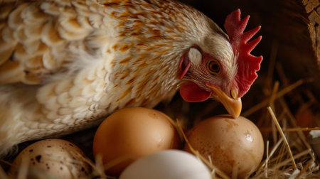 A close-up of a hen tenderly brooding over her eggs, a symbol of patience, devotion, and the miracle of life.の素材