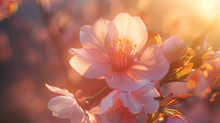 A close-up of a delicate sakura blossom, its soft pink petals illuminated by the warm glow of sunlight.の素材