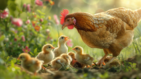 A close-up of a mother hen gently nudging her chicks towards a tasty treat, guiding and nurturing them with love and care.の素材