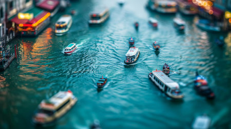 A busy waterway intersection in a bustling city, boats of all kinds navigating the crowded channels with precision and skill.の素材