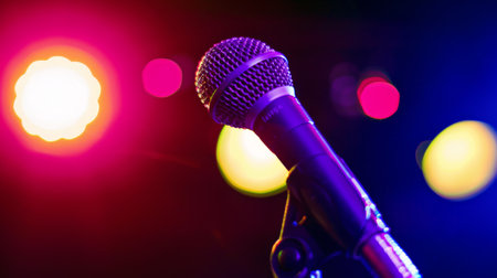 A close-up of a microphone bathed in colorful stage lights, awaiting the next performer to take center stage.の素材