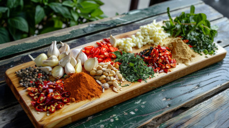 A colorful array of Thai spices and herbs, including garlic, arranged on a wooden cutting board, ready for culinary exploration.の素材