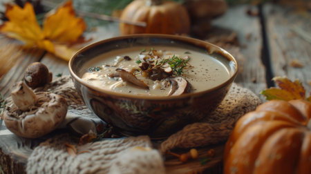 A cozy autumnal scene with a bowl of creamy porcini mushroom soup, the perfect comfort food for chilly evenings.の素材