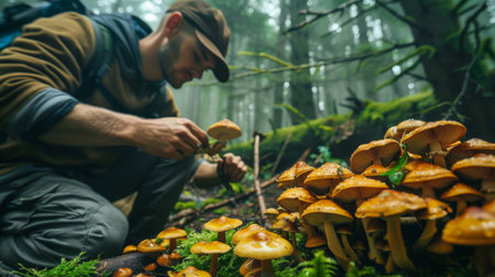 A chef foraging for wild porcini mushrooms in a lush forest, their keen eye and knowledge of nature's bounty guiding the huntの素材