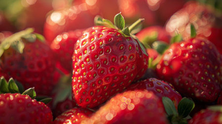 A close-up of freshly picked strawberries glistening in the sunlight, showcasing their vibrant red hue and juicy texture.の素材