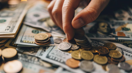 A close-up of a hand counting paper bills and coins, a visual representation of the discipline of budgeting and saving.の素材