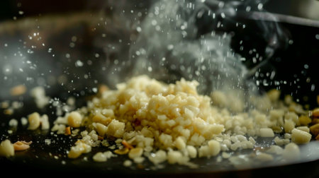 A close-up of minced garlic sizzling in a hot pan, releasing its aromatic essence into a traditional Thai stir-fry.の素材
