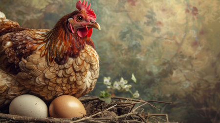 A close-up of a hen tenderly brooding over her eggs, a symbol of patience, devotion, and the miracle of life.の素材