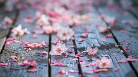 A close-up of sakura petals scattered on a wooden walkway, a poetic reminder of the fleeting beauty of spring.の素材