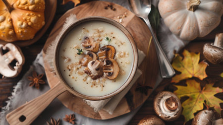A cozy autumnal scene with a bowl of creamy porcini mushroom soup, the perfect comfort food for chilly evenings.の素材