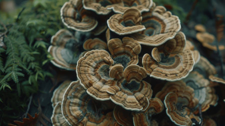 A close-up of wild mushrooms growing in a forest, their earthy aroma and distinctive shapes captivating the senses.の素材