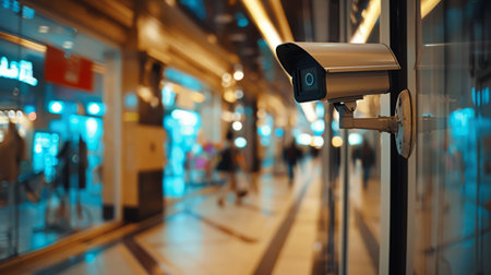 A CCTV camera positioned at a retail store entrance, deterring theft and enhancing safety for shoppers and employees.の素材