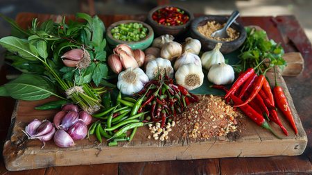 A colorful array of Thai spices and herbs, including garlic, arranged on a wooden cutting board, ready for culinary exploration.の素材