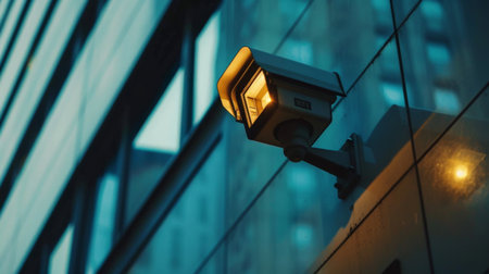 A close-up of a CCTV camera mounted on a building facade, keeping a watchful eye on public spacesの素材