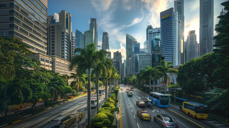 A bustling financial district with towering office skyscrapers housing multinational corporations, representing the epicenter of global commerce and trade.の素材