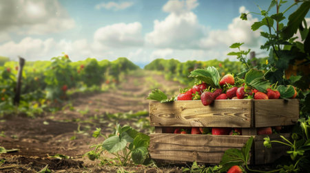 A charming countryside scene with a rustic wooden crate filled with freshly harvested strawberries, evoking farm-fresh goodness.の素材