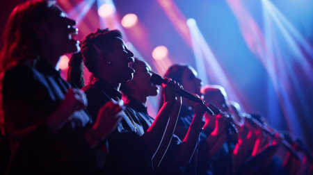 A choir singing in harmony on stage, each member holding a microphone as they unite their voices in a symphony of sound.の素材