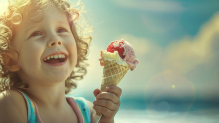 A cheerful child enjoying a delicious strawberry ice cream cone on a hot summer day, relishing the cool sweetness of the treat.の素材