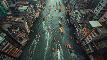 A busy waterway intersection in a bustling city, boats of all kinds navigating the crowded channels with precision and skill.の素材