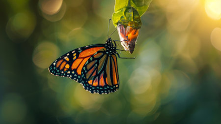 A close-up of a monarch butterfly emerging from its chrysalis, a breathtaking moment of transformation captured in vivid clarity.の素材