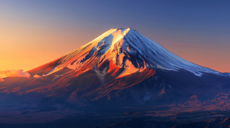 A close-up shot of Mount Fuji's snow-capped peak illuminated by the golden hues of sunset, radiating a sense of tranquility and awe.の素材