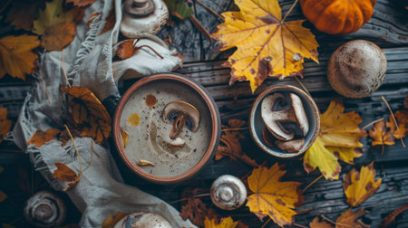 A cozy autumnal scene with a bowl of creamy porcini mushroom soup, the perfect comfort food for chilly evenings.の素材