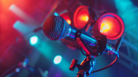 A close-up of a microphone stand adorned with colorful stage lights, ready to amplify the voice of the next musical sensation.の素材