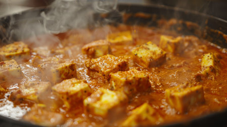 Close-up of paneer butter masala simmering in a creamy tomato gravy, exuding rich aroma and inviting viewers to indulge in its decadent flavors.の素材