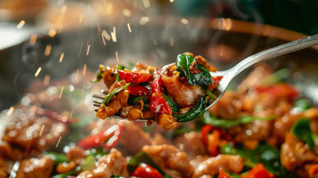 Close-up of a fork lifting a mouthwatering bite of Thai basil pork stir-fry (Pad Krapow Moo), showcasing the aromatic blend of basil and spices.の素材