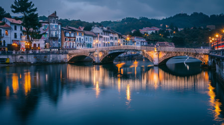 A charming waterfront town with a quaint bridge adorned with fairy lights, reflecting its shimmering glow on the calm waters below, creating a romantic ambiance.の素材