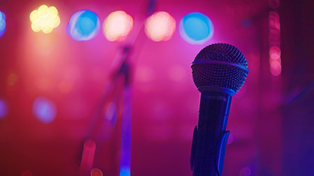 A close-up of a microphone bathed in colorful stage lights, awaiting the next performer to take center stage.の素材