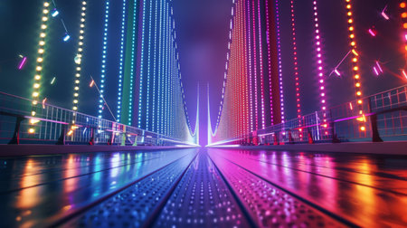 A dynamic shot of a modern suspension bridge illuminated by vibrant LED lights, creating a stunning visual spectacle against the backdrop of the night sky.の素材