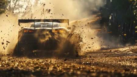 A dynamic shot of a racing car kicking up dust and debris as it powers through a gravel corner with precision and skill.の素材