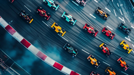 A dynamic aerial view of a racing circuit filled with colorful racing cars speeding towards the finish line, capturing the adrenaline rush of motorsport.の素材
