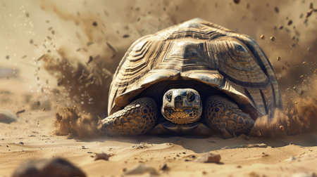 A curious tortoise peeking out from its shell, exploring its surroundings in a sandy desert.の素材