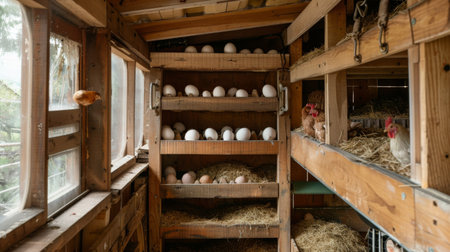 A cozy henhouse with nesting boxes filled with eggs, a testament to the tireless efforts of mother hens in providing for their flock.の素材