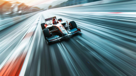 A dynamic shot of a racing car hurtling down a straightaway at top speed, leaving a blur of motion in its wake as it races towards victory.の素材