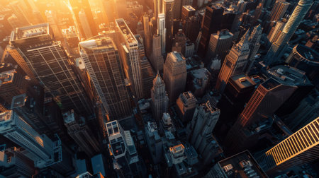 A dramatic aerial perspective of a city's central business district, with skyscrapers casting long shadows over the streets below during golden hour.の素材