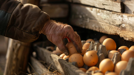 A farmer's hand reaching into a nesting box to collect warm eggs, a daily ritual made possible by the dedication of mother hens.の素材