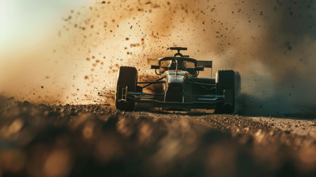 A dynamic shot of a racing car kicking up dust and debris as it powers through a gravel corner with precision and skill.の素材