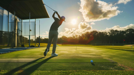 A golfer practicing their swing on a tranquil driving range, the rhythmic sound of club meeting ball filling the air.の素材