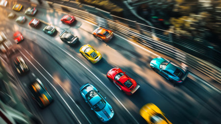 A dynamic aerial view of a racing circuit filled with colorful racing cars speeding towards the finish line, capturing the adrenaline rush of motorsport.の素材