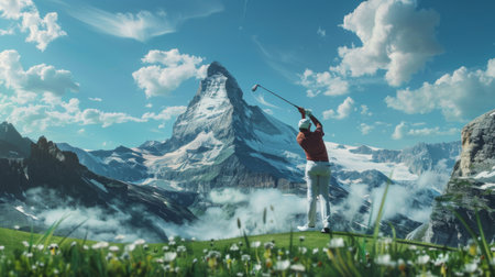 A golfer teeing off against a breathtaking mountain backdrop, capturing the essence of sport and nature in perfect harmony.の素材