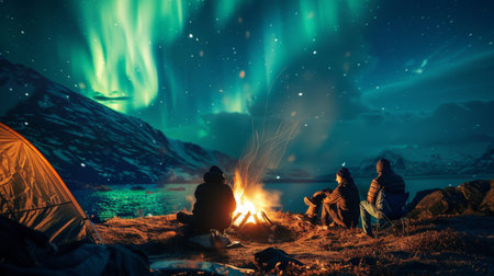 A group of friends huddled around a campfire, mesmerized by the celestial spectacle of the northern lights above.の素材