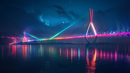 A futuristic cable-stayed bridge illuminated with colorful LED lights, spanning across a river and reflecting its brilliance on the water's surface.の素材