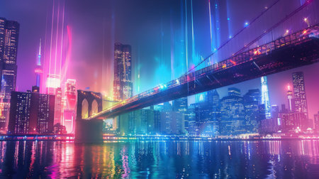 A dynamic urban panorama featuring a suspension bridge lit up in vibrant colors, creating a dazzling spectacle against the backdrop of city skyscrapers and twinkling lights.の素材