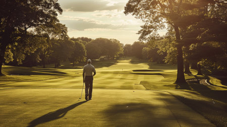 A golfer walking the fairway with confidence and purpose, each step a testament to their love for the game.の素材