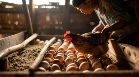 A farmer gathering freshly laid eggs from a free-range chicken coop, honoring the hard work and dedication of mother hens.の素材